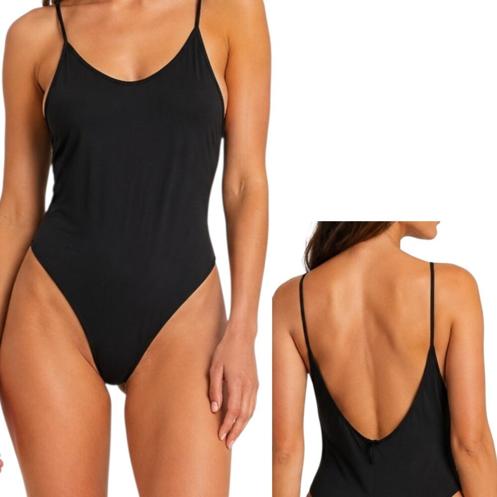 Pretty Little Thing Black Bodysuit Womens Small Open‎ Back Spahetti Strap NEW